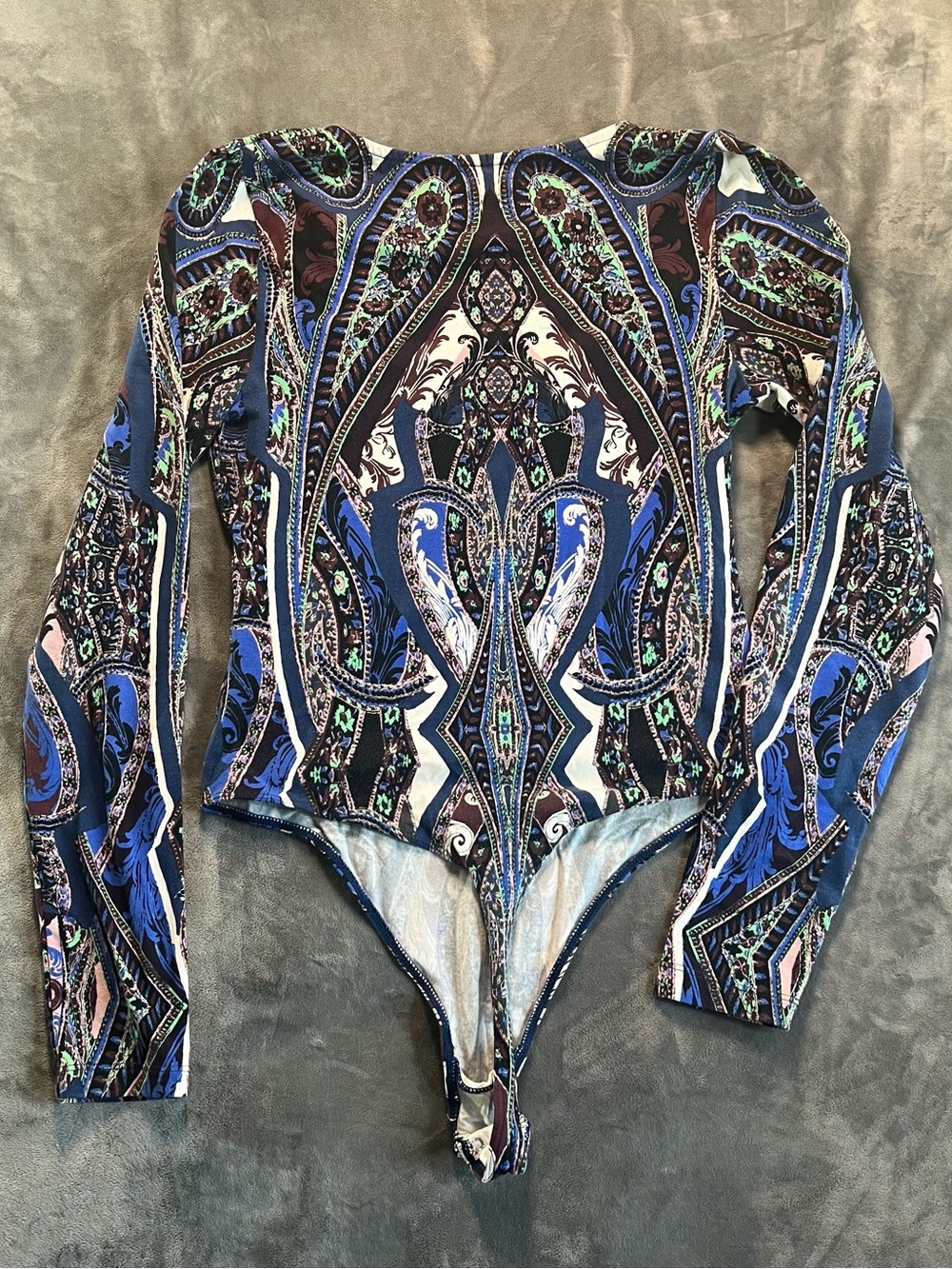 Free People Blue Paisley Lace-Up V-Neck Long Sleeve Bodysuit - Picture 8 of 8